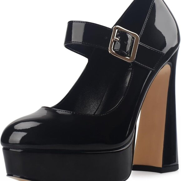 Shoes - Women's Patent Leather Chunky Platform Mary Jane Pumps 5 Inch Block Heel